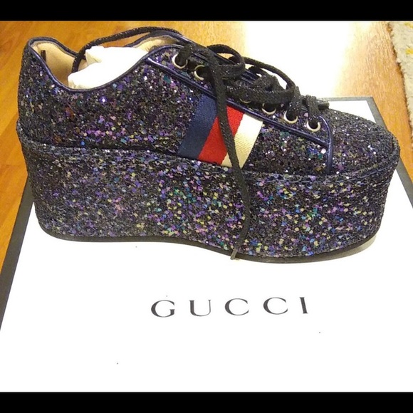 GUCCI PEGGY GLITTER LOWTOP PLATFORM SNEAKERS - Picture 1 of 4